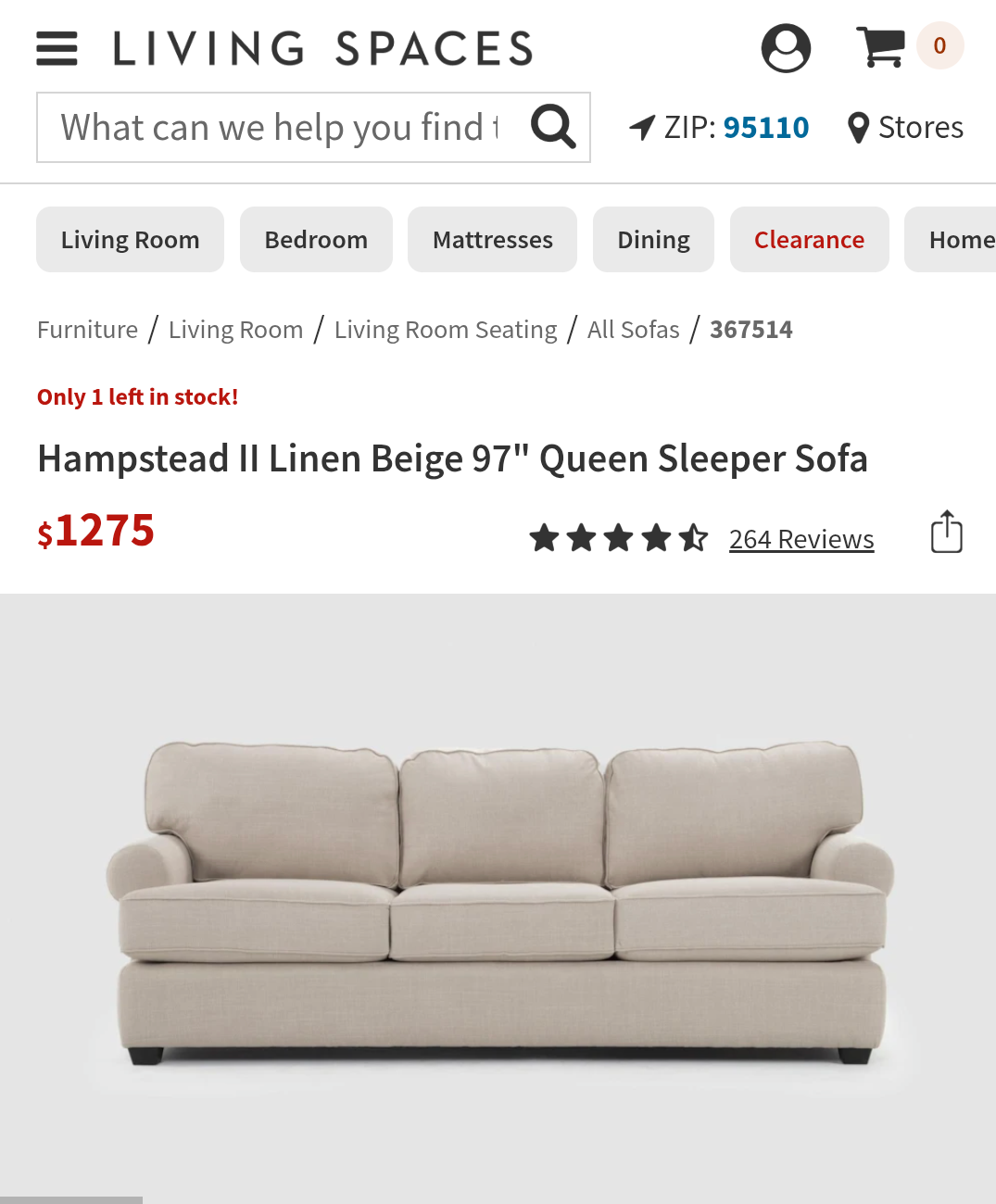 Living Spaces Hampstead II Linen Beige Queen Sleeper Sofa
