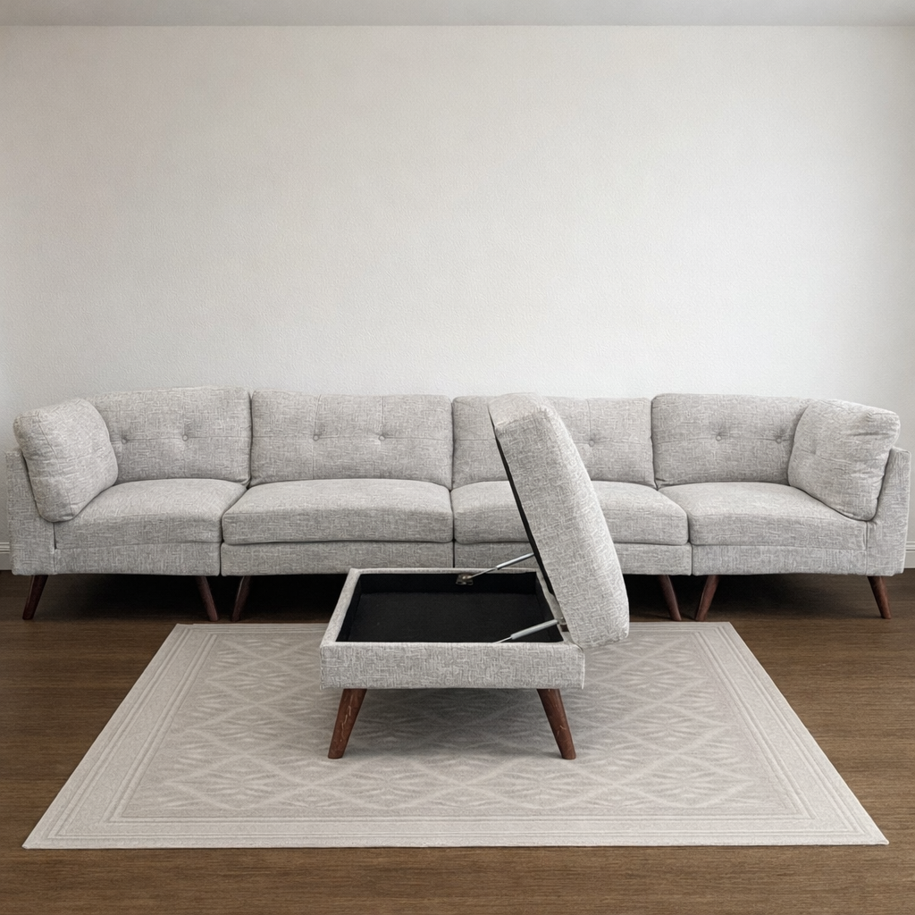 Light Gray 5-Piece Modular Sectional with Storage Ottoman - Excellent Condition