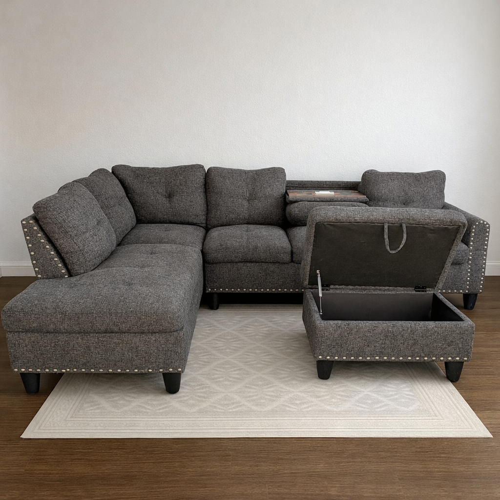 Dark Gray Sectional with Ottoman & Power Outlet