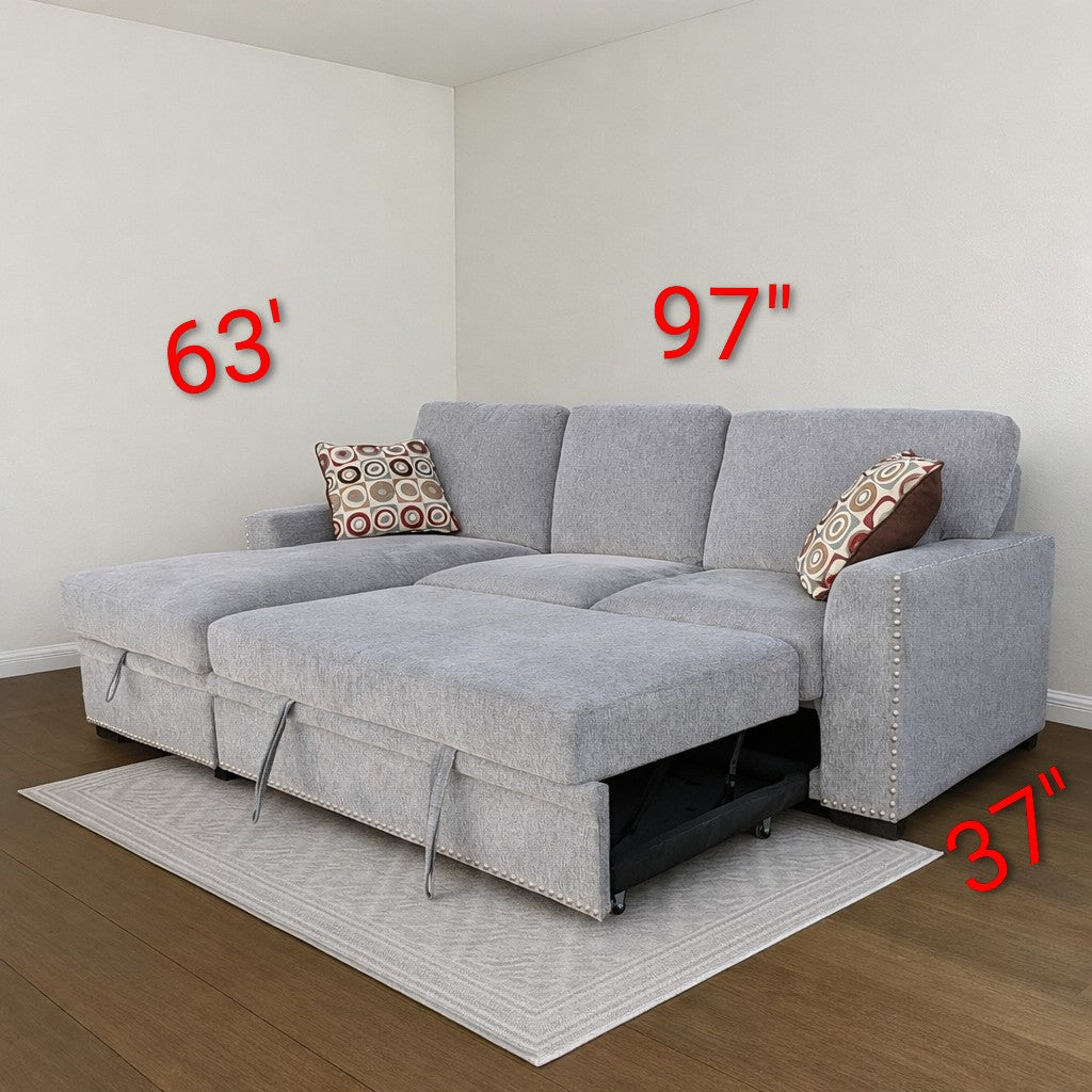 Light Gray Sleeper Pull-Out Sofa Bed with Storage Chaise