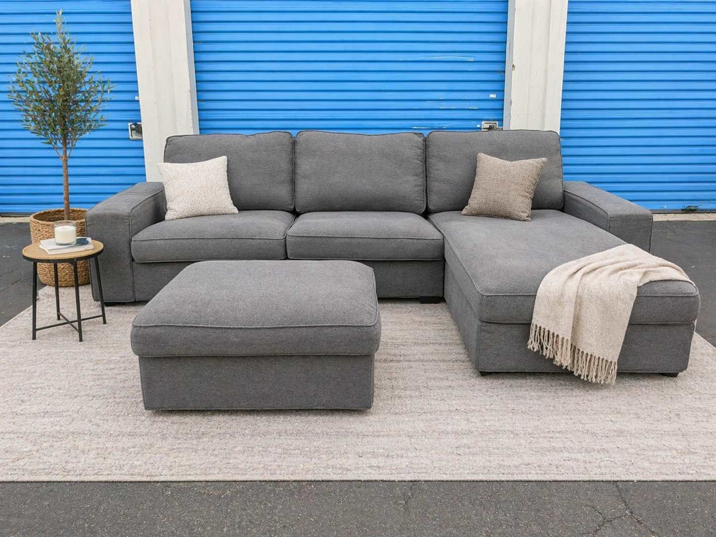 Gray Sectional & Storage Ottoman