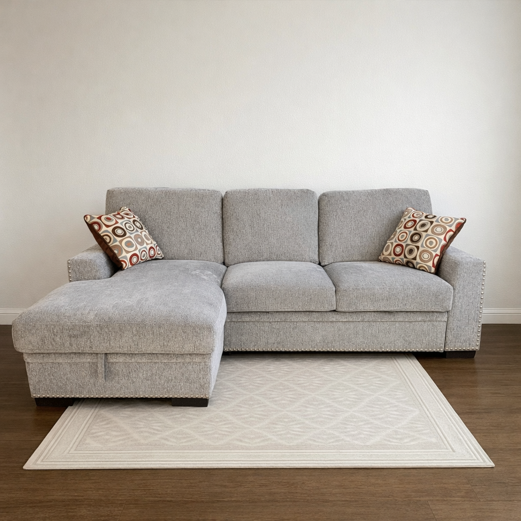 Light Gray Sleeper Pull-Out Sofa Bed with Storage Chaise