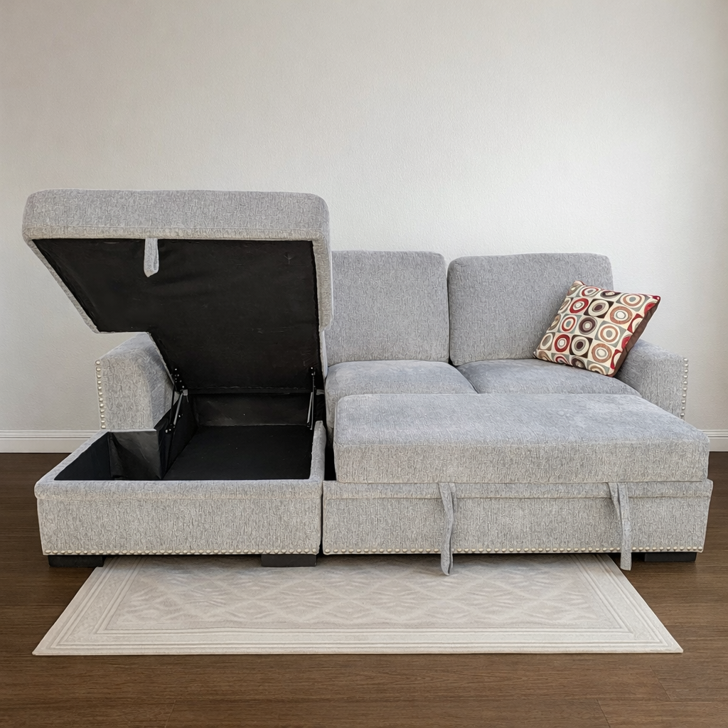 Light Gray Sleeper Pull-Out Sofa Bed with Storage Chaise