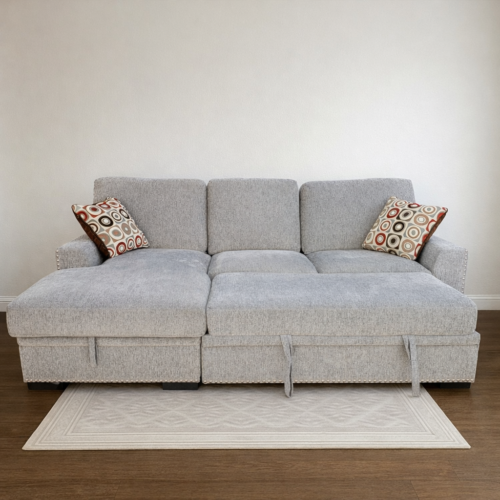 Light Gray Sleeper Pull-Out Sofa Bed with Storage Chaise
