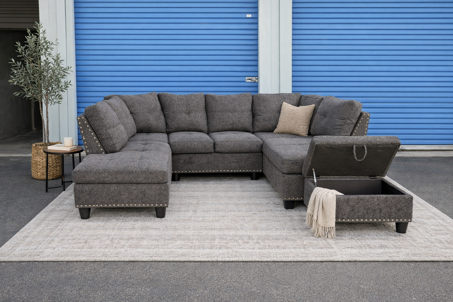 Dark Gray Sectional with Ottoman & Power Outlet