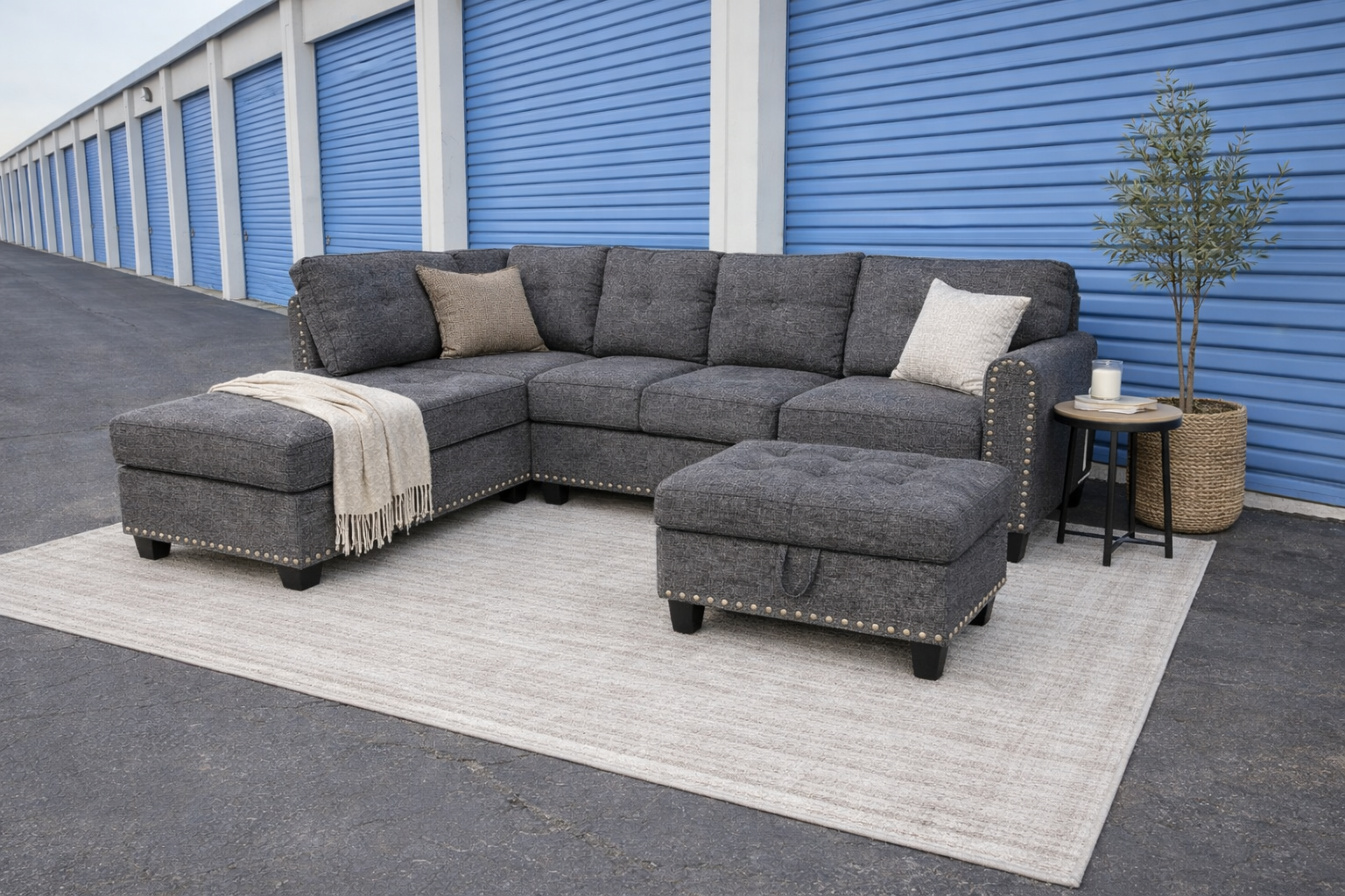 Dark Gray Sectional with Ottoman & Power Outlet
