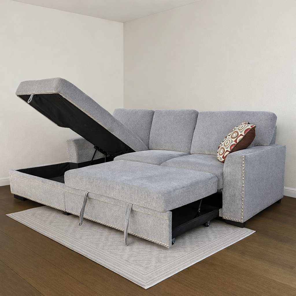 Light Gray Sleeper Pull-Out Sofa Bed with Storage Chaise