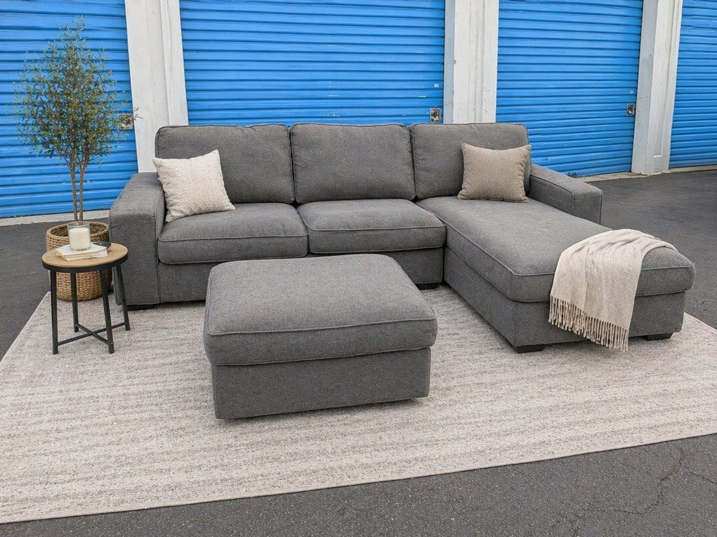 Gray Sectional & Storage Ottoman